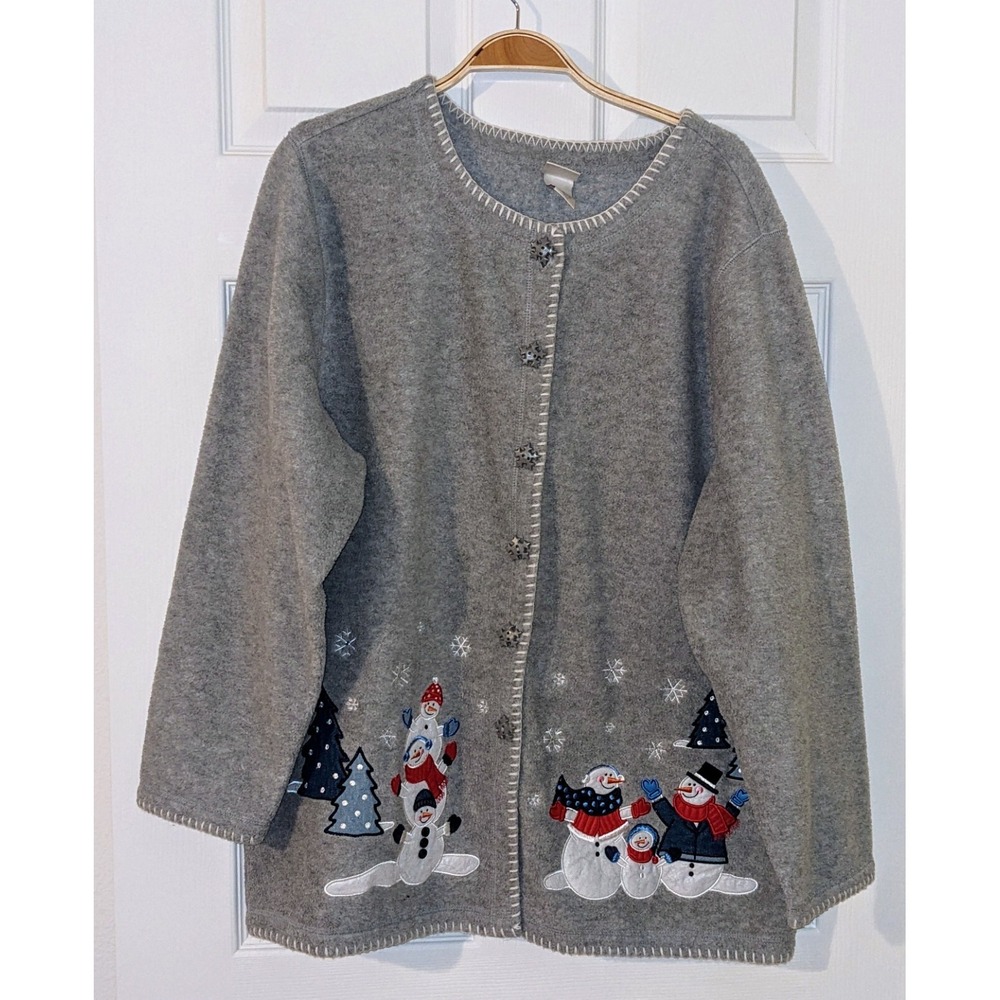 Vintage Snowman Cardigan Gray Christmas Holiday Winter Embroidered 18/20